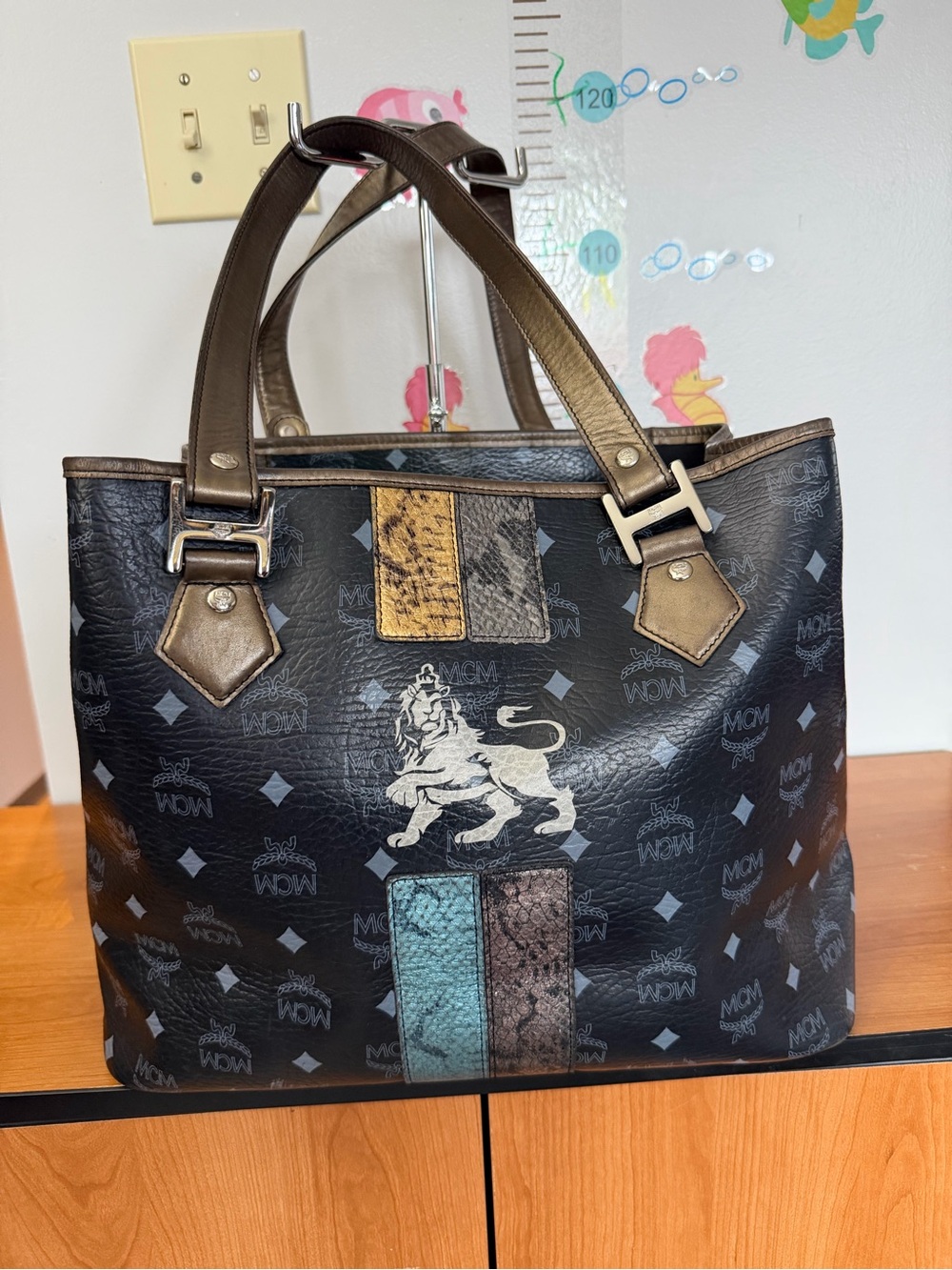 MCM Black Logo Tote with Multicolor Stripe Panels